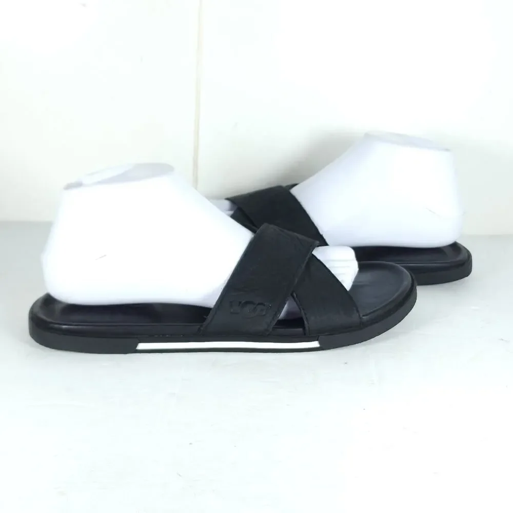 UGG Men's Brookside US 7 Black Leather Criss Cross Flat Slide Sandals Shoes